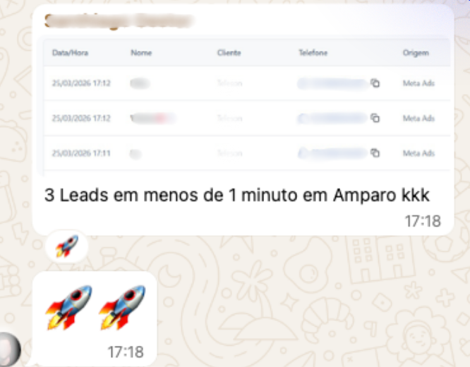 Print de conversa com o cliente comemorando 3 leads em menos de 1 minuto